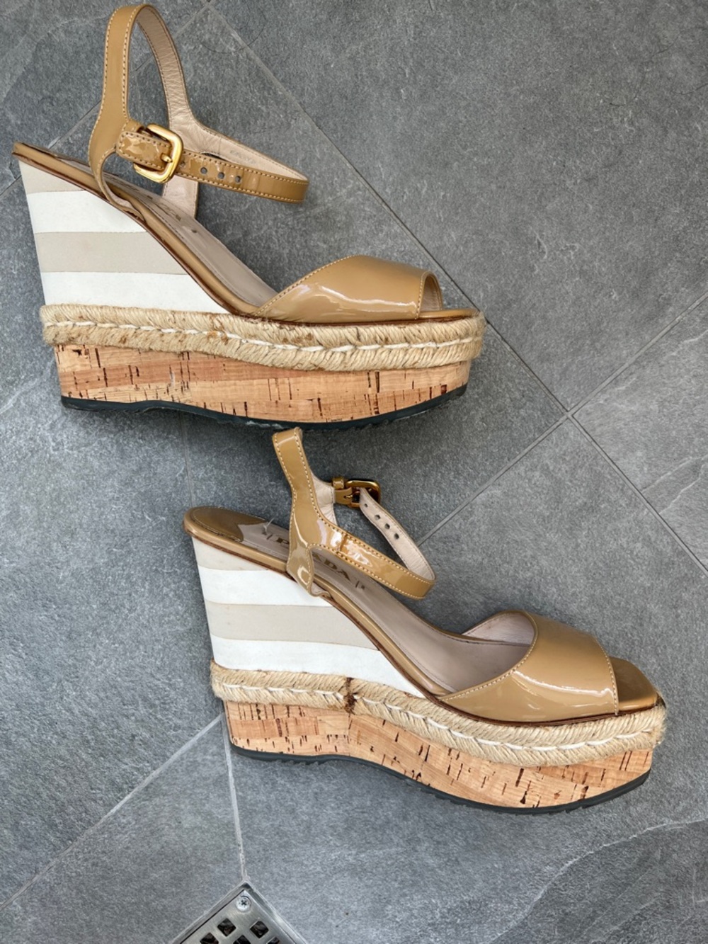 Prada Nude Patent Leather Espadrille Wedge Sandals - Picture 5 of 7